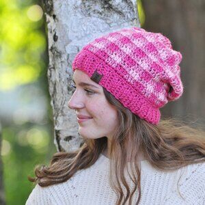 Handmade Pink Plaid Hat, Crochet Toque Made in Canada